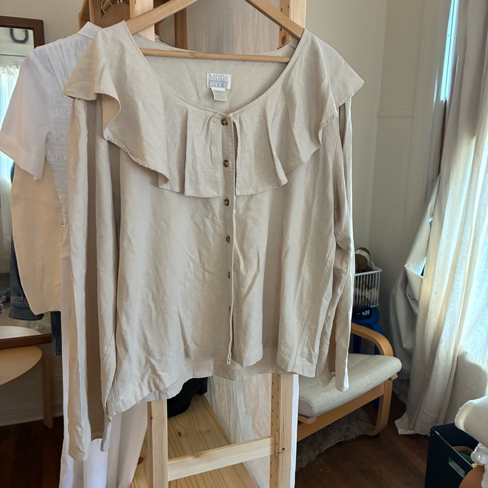 Moda International Cream Ruffle-Front Button Blouse